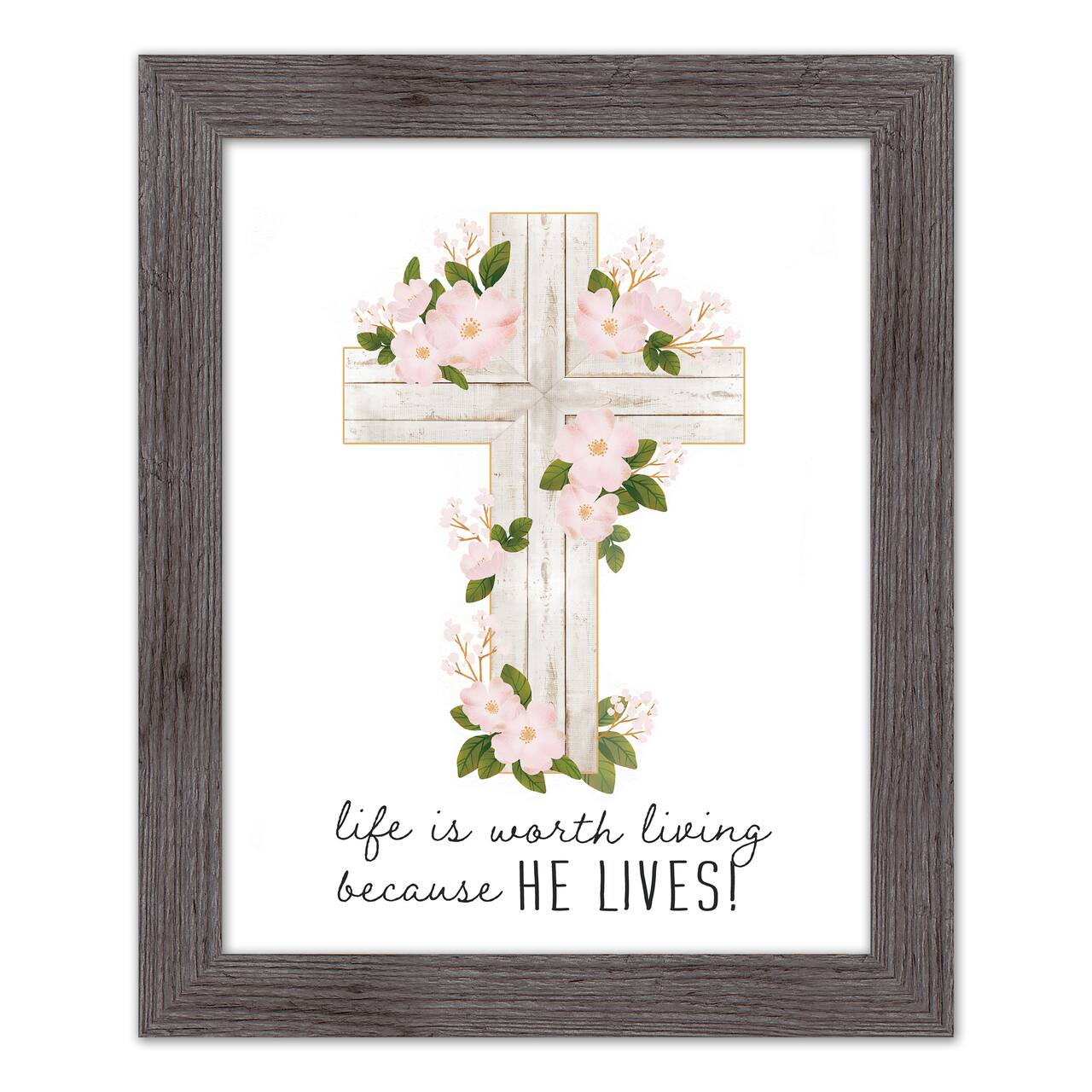 He Lives Floral Cross 16" x 20" Western Gray Framed Print